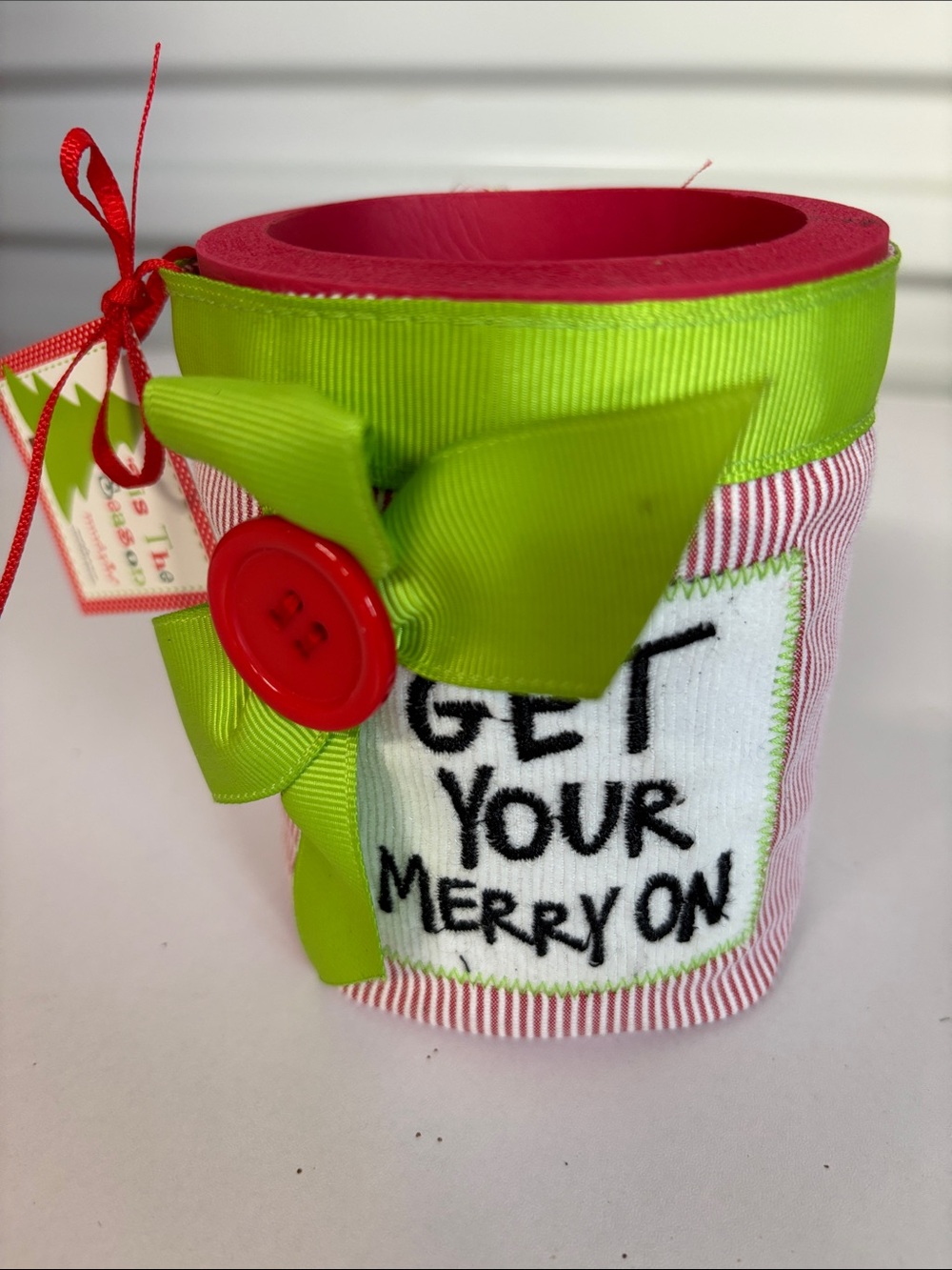 Mud Pie Holiday Ribbon Cup Holder - Green and Red